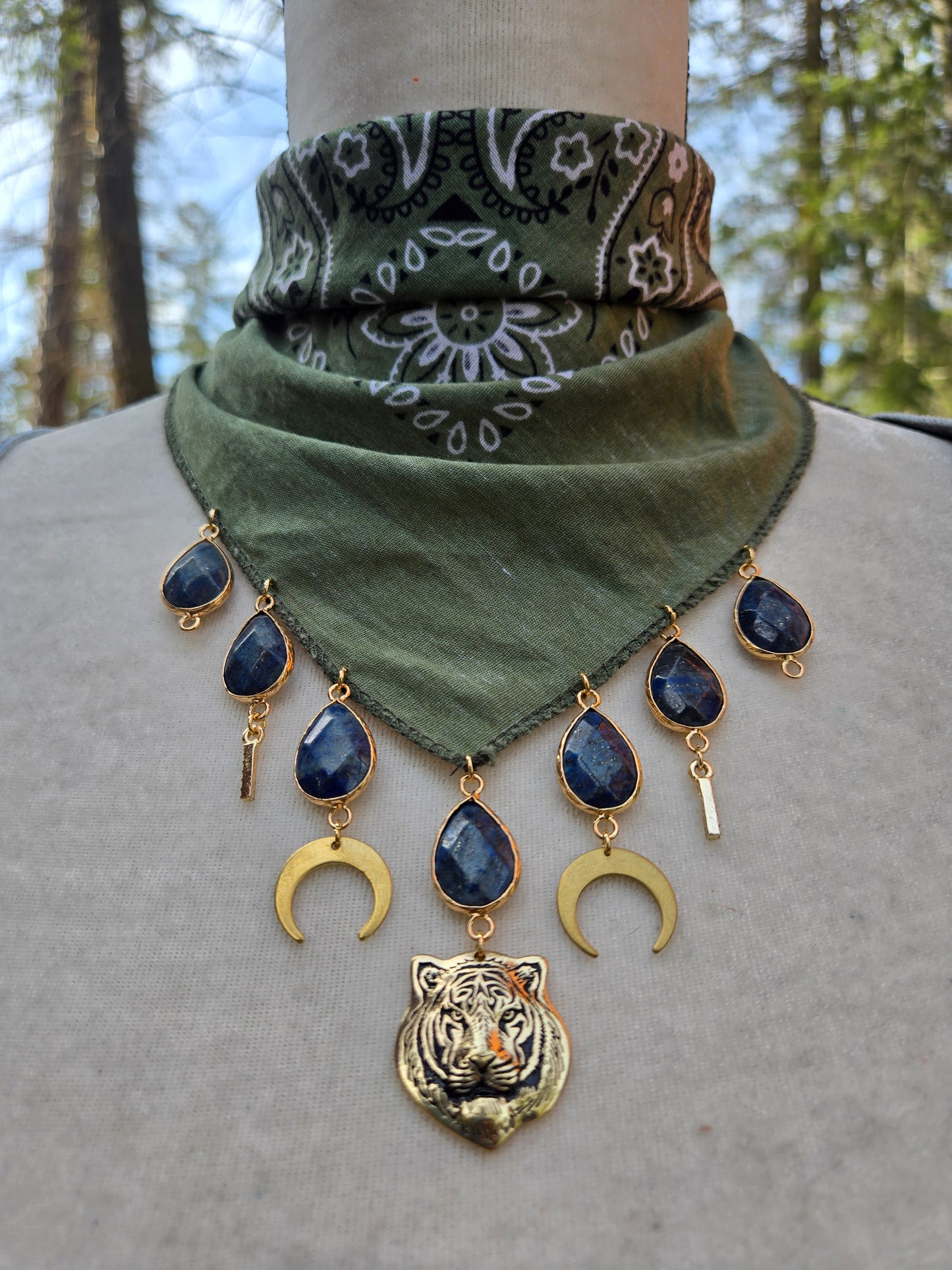 green, gold and blue lapis lazuli gemstone with gold moons and gold tiger bandana